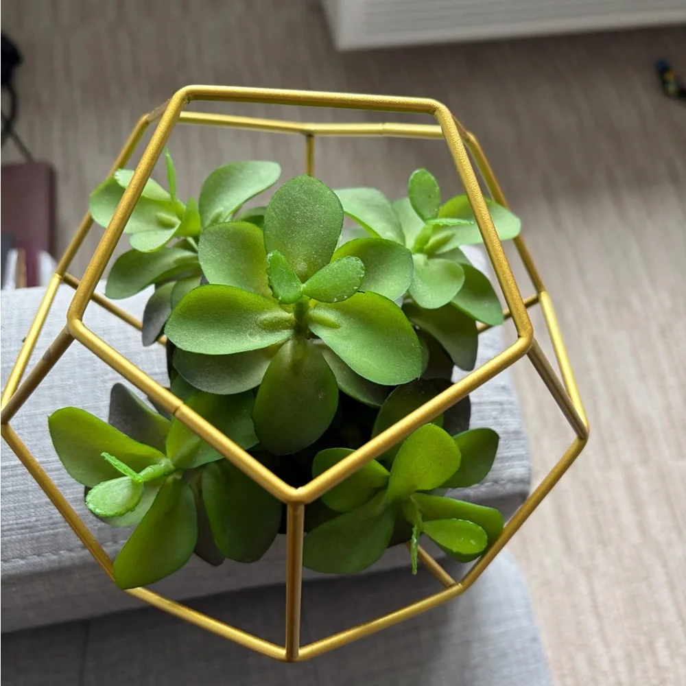 Gold Geometric Planter with Green Faux Succulent - Home Accents